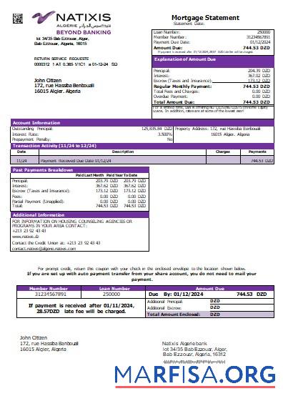 Algerien Natixis Algerie Bank Hypothek Kontoauszug scr Vorschau
