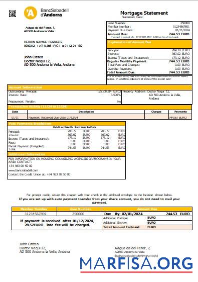Andorra BancSabadell dΓÇÖAndorra Bank Hypothek Kontoauszug scr Mockup