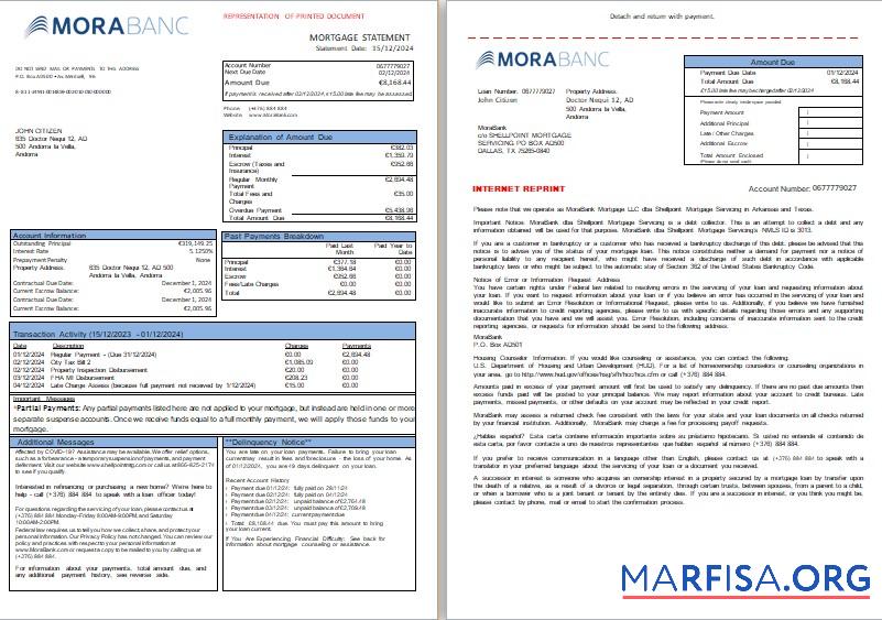 Andorra MoraBank Bank Hypothek Kontoauszug, 3 pages, 1 2 scr Mockup