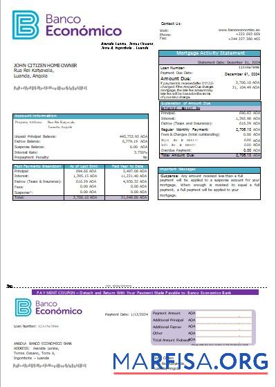 Angola Banco Economico Bank Hypothek Kontoauszug scr Probe