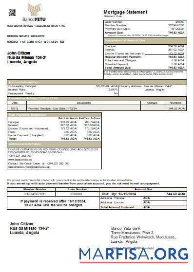 Angola Banco Yetu Bank Hypothek Kontoauszug scr Vorlage