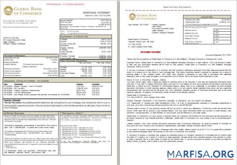 Antigua und Barbuda Global Bank of Commerce Bank Hypothek Kontoauszug, 3 pages, 1 2 scr Mockup