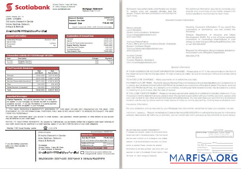 Antigua und Barbuda Scotiabank Bank Hypothek Kontoauszug, 2 pages, 1 2 scr Design