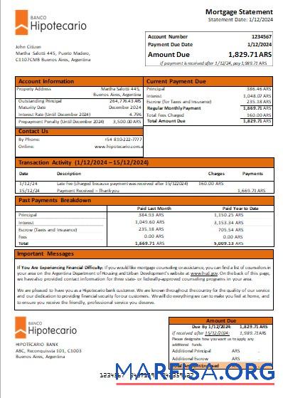Argentinien Banco Hipotecario Bank Hypothek Kontoauszug scr Vorlage