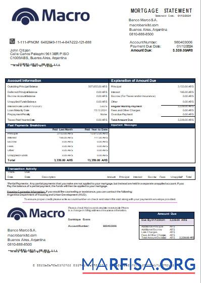 Argentinien Banco Macro S.A. Bank Hypothek Kontoauszug scr Design