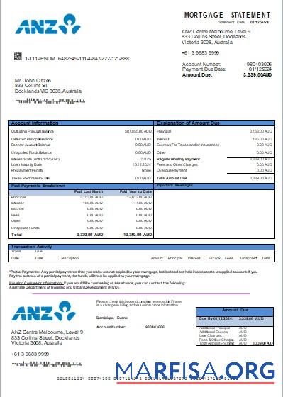 Australien ANZ Bank Hypothek Kontoauszug scr Mockup