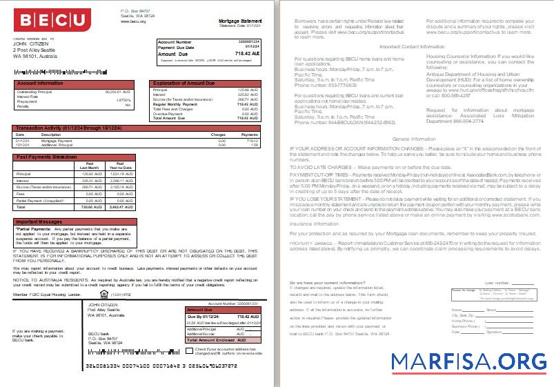 Australien BECU Bank Hypothek Kontoauszug, 2 pages, 1 2 scr Vorlage