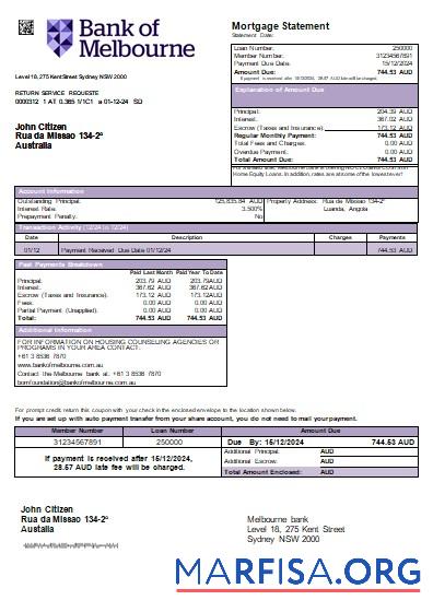 Australien Bank of Melbourne Bank Hypothek Kontoauszug scr Vorlage