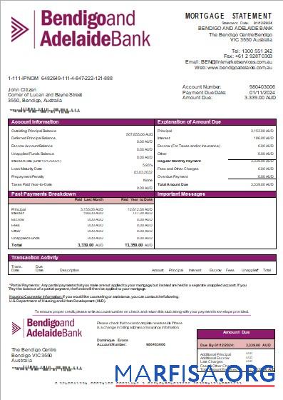 Australien Bendigo and Adelaide Bank Bank Hypothek Kontoauszug scr Mockup