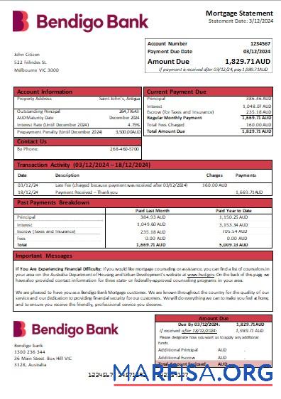 Australien Bendigo Bank Hypothek Kontoauszug scr Probe