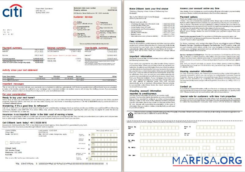 Australien Citibank Bank Hypothek Kontoauszug, 2 pages, 1 2 scr Mockup