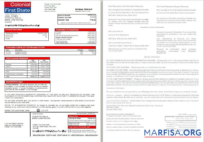 Australien Colonial First State Bank Hypothek Kontoauszug, 2 pages, 1 2 scr Probe