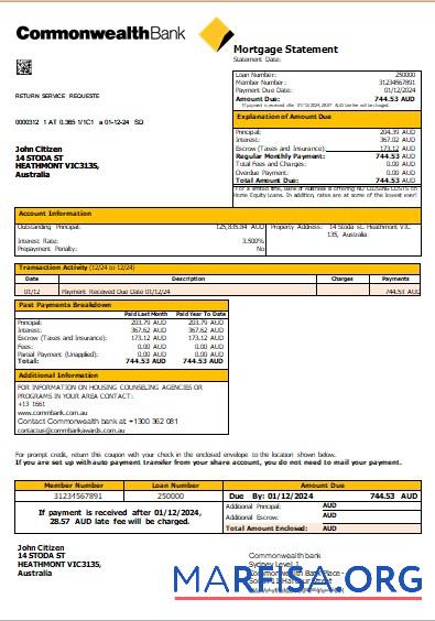 Australien Commonwealth Bank Hypothek Kontoauszug scr Vorschau
