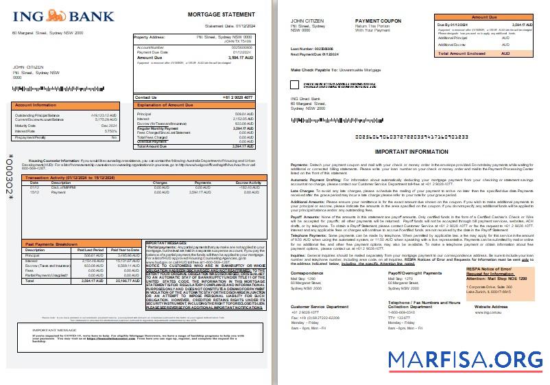 Australien ING Direct Bank Hypothek Kontoauszug, 3 pages, 1 2 scr Probe