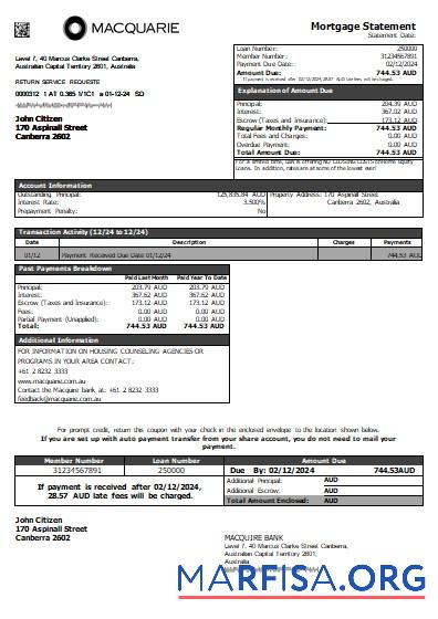 Australien Macquire Bank Hypothek Kontoauszug scr Vorlage