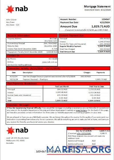 Australien NAB Bank Hypothek Kontoauszug scr Probe