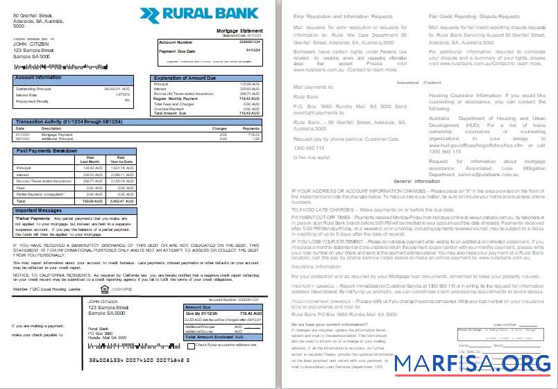 Australien Rural Bank Hypothek Kontoauszug, 2 pages, 1 2 scr Mockup