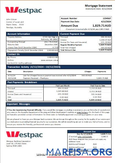 Australien Westpac Bank Hypothek Kontoauszug scr Design