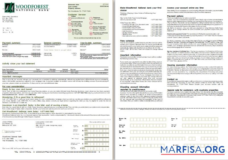 Australien Woodforest National Bank Hypothek Kontoauszug, 2 pages, 1 2 scr Mockup