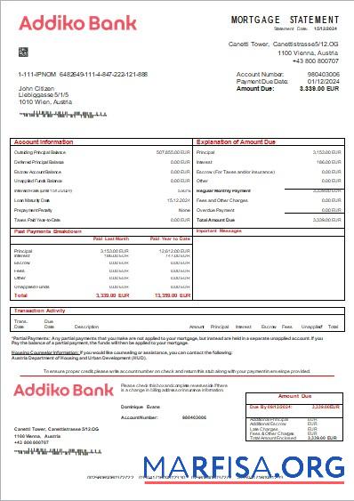 Österreich Addiko Bank Hypothek Kontoauszug scr Design