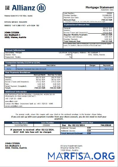 Österreich Allianz Investition Bank Hypothek Kontoauszug scr Design