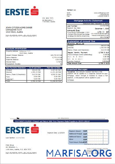 Österreich Erste Group Bank Hypothek Kontoauszug scr Vorlage