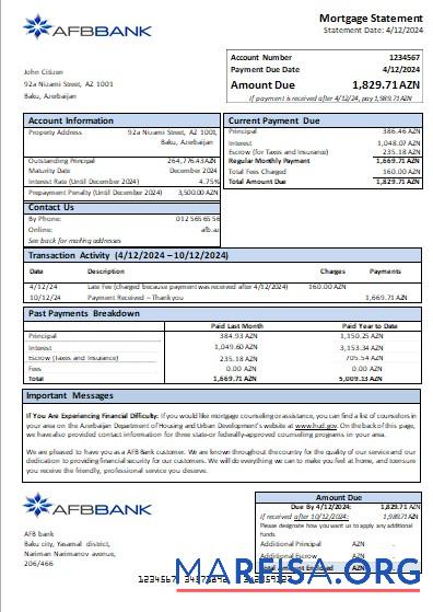 Aserbaidschan AFB Bank Hypothek Kontoauszug scr Mockup
