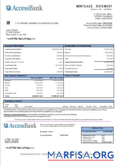 Aserbaidschan Access Bank Hypothek Kontoauszug scr Vorschau