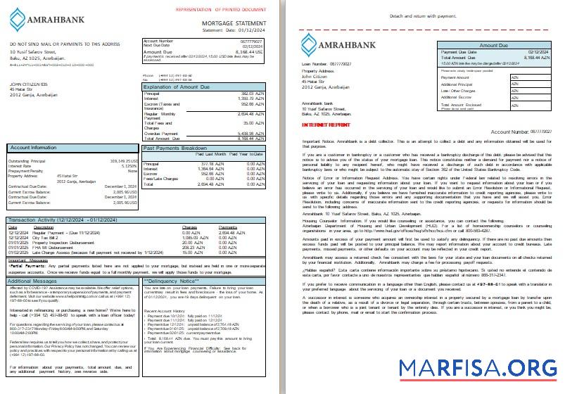 Aserbaidschan Amrahbank Bank Hypothek Kontoauszug, 3 pages, 1 2 scr Mockup