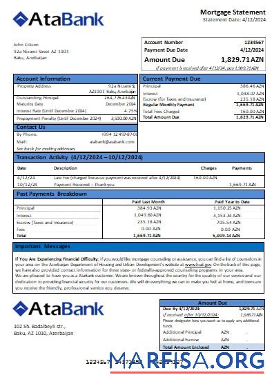 Aserbaidschan Atabank Bank Hypothek Kontoauszug scr Vorschau