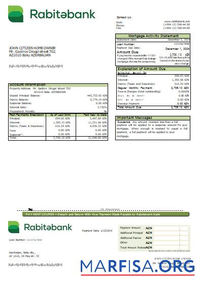 Aserbaidschan Rabitebank Bank Hypothek Kontoauszug scr Mockup