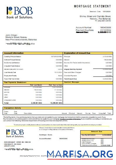 Bahamas Bank of the Bahamas Bank Hypothek Kontoauszug scr Probe