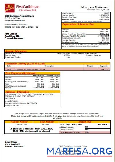 Bahamas CIBC Caribbean Bank Bank Hypothek Kontoauszug scr Vorlage