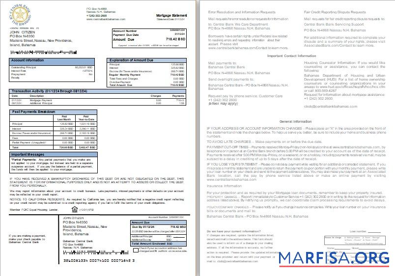 Bahamas Central Bank Bank Hypothek Kontoauszug, 2 pages,1 2 scr Vorschau