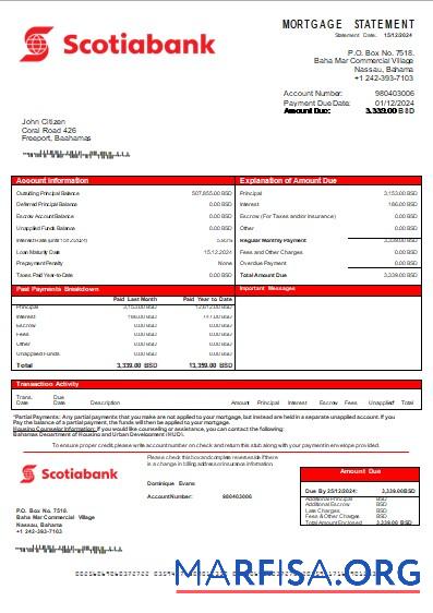 Bahamas Scotiabank Bank Hypothek Kontoauszug scr Mockup