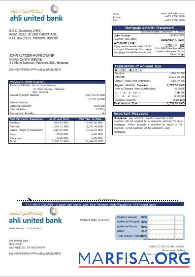 Bahrain Ahli United Bank Hypothek Kontoauszug scr Design