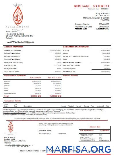 Bahrain Al Salam Bank Bank Hypothek Kontoauszug scr Vorlage