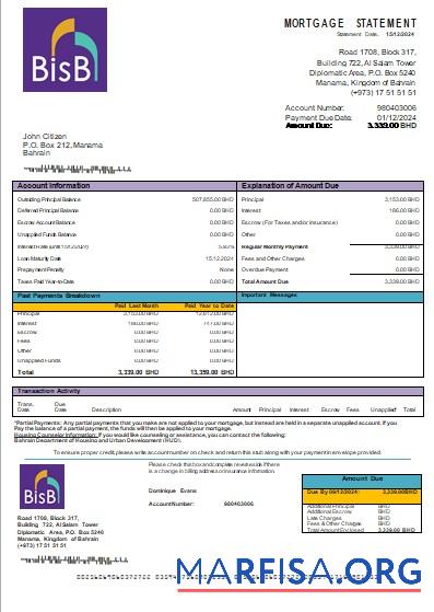 Bahrain BISB Bank Hypothek Kontoauszug scr Mockup