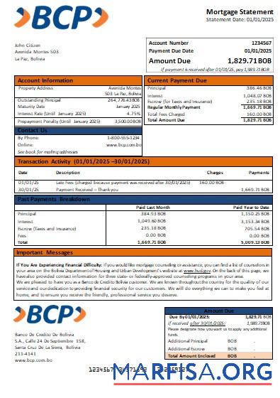 Banco de Credito Bolivien Bank Hypothek Kontoauszug scr Design