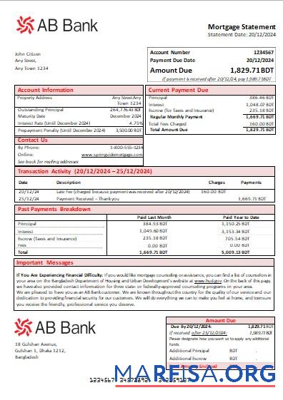 Bangladesch AB Bank Hypothek Kontoauszug scr Vorlage
