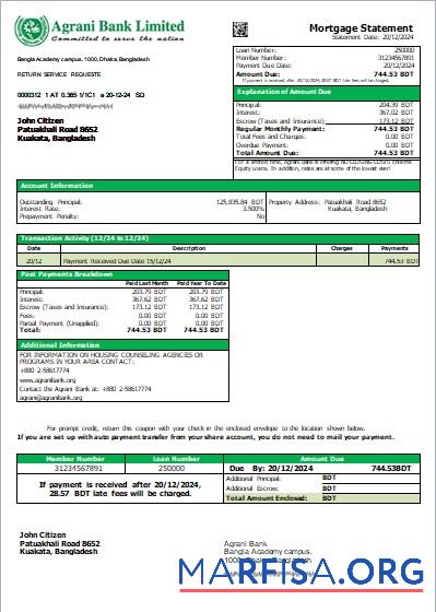 Bangladesch Agrani Bank Hypothek Kontoauszug scr Design