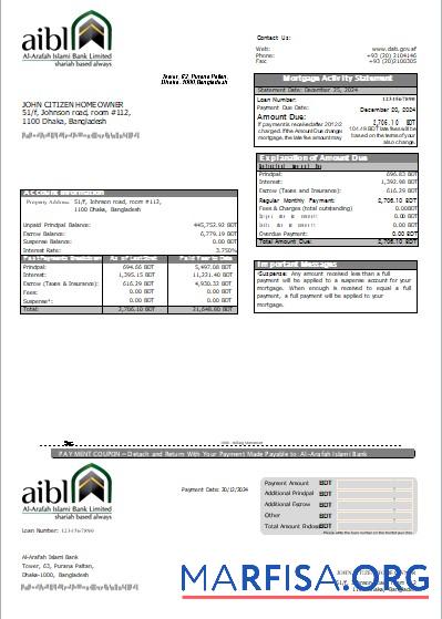 Bangladesch Al Arafah Islami Bank Hypothek Kontoauszug scr Vorschau