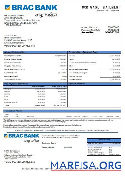Bangladesch BRAC Bank Bank Hypothek Kontoauszug scr Vorschau