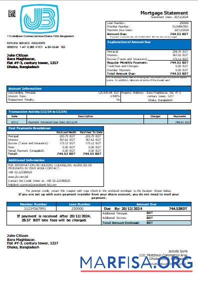 Bangladesch Janata Bank Hypothek Kontoauszug scr Probe
