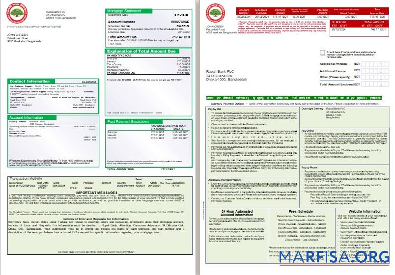 Bangladesch Rupali Bank Hypothek Kontoauszug, 3 pages, 1 2 scr Mockup