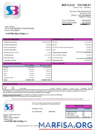 Bangladesch SB Bank Hypothek Kontoauszug scr Vorlage
