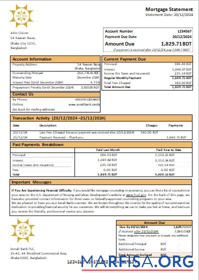 Bangladesch Sonali Bank Hypothek Kontoauszug scr Mockup