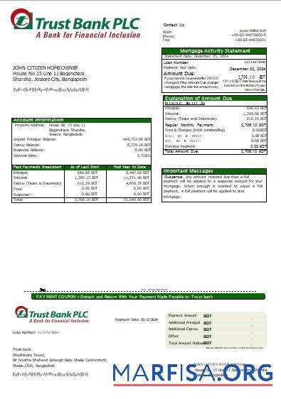 Bangladesch Trust Bank Hypothek Kontoauszug scr Probe