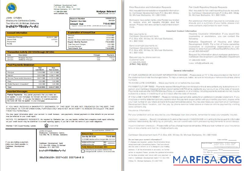 Barbados Caribbean Development Bank Hypothek Kontoauszug, 2 pages, 1 2 scr Vorschau