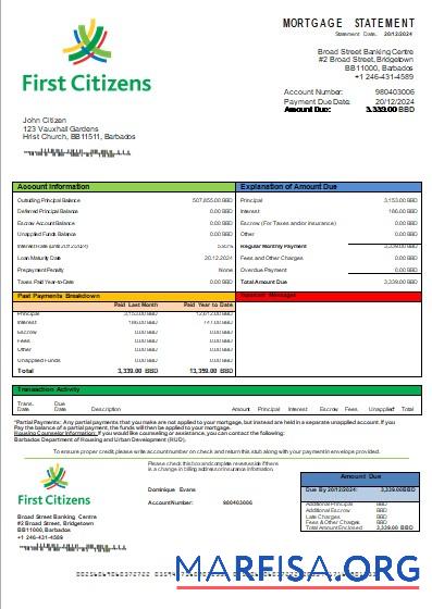 Barbados First Citizens Bank Hypothek Kontoauszug scr Vorlage